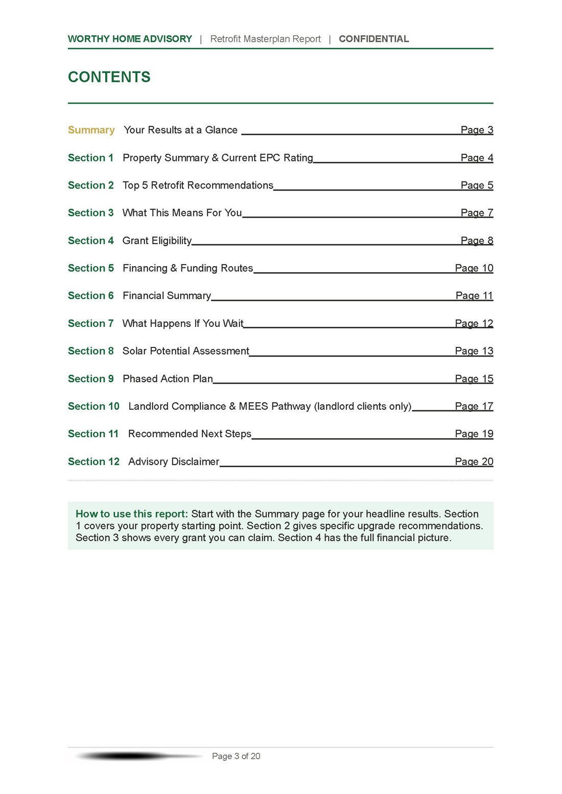 Report contents page